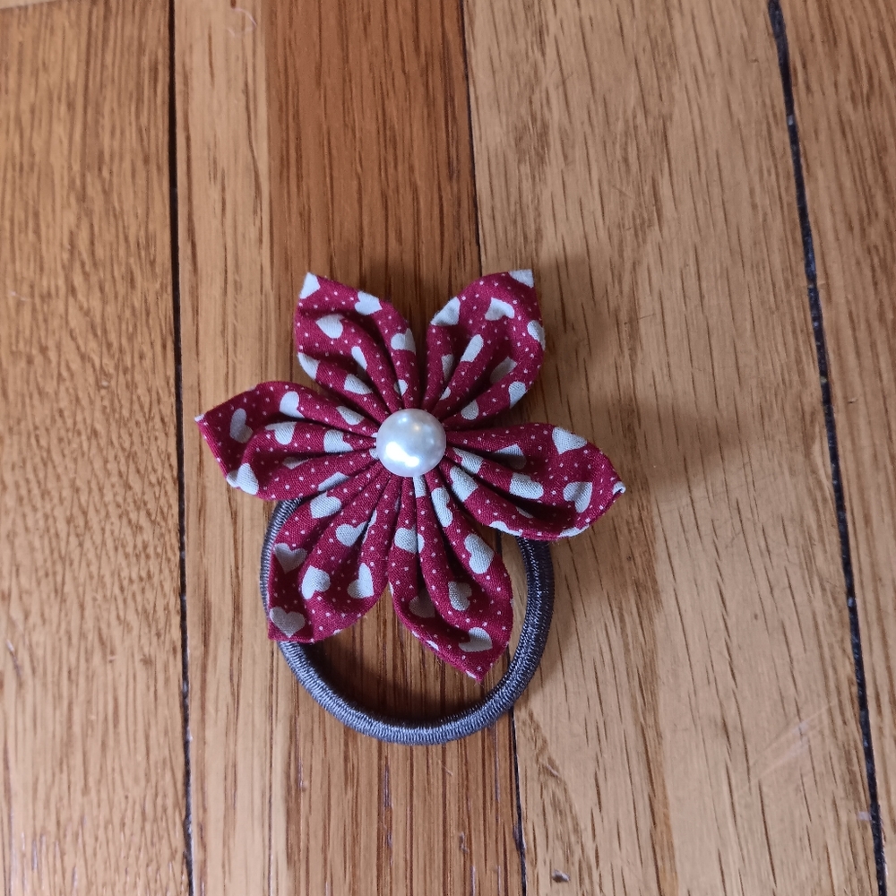 Red Floral Hair Tie with Pearl Accent